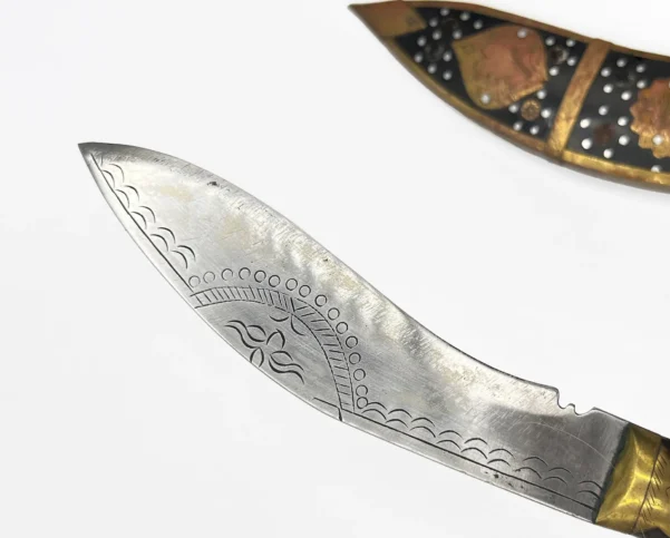 Antique Nepalese Brass & Horn Gurkha Kukri Engraved 5" Blade Knife + Scabbard - Image 12