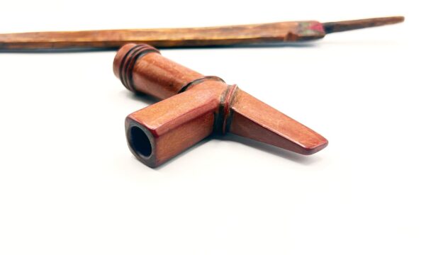 Sioux Hand-Carved Axe-Headed Catlinite Calumet Tomahawk, or Red Clay w/Flat, Decorated Wood Handle, Antique c. 1880 - Image 2