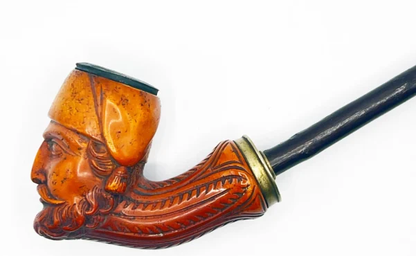 Figural Ottoman Meerschaum Pipe Bowl w/Marked Silver Fittings & Cherry Wood + Antler Horn Stem, c. 1850 Antique - Image 4