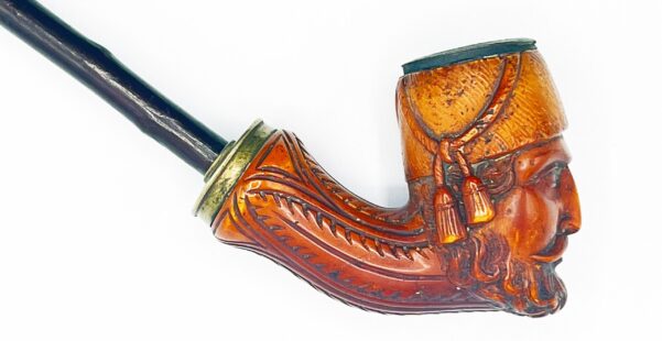 Figural Ottoman Meerschaum Pipe Bowl w/Marked Silver Fittings & Cherry Wood + Antler Horn Stem, c. 1850 Antique - Image 3